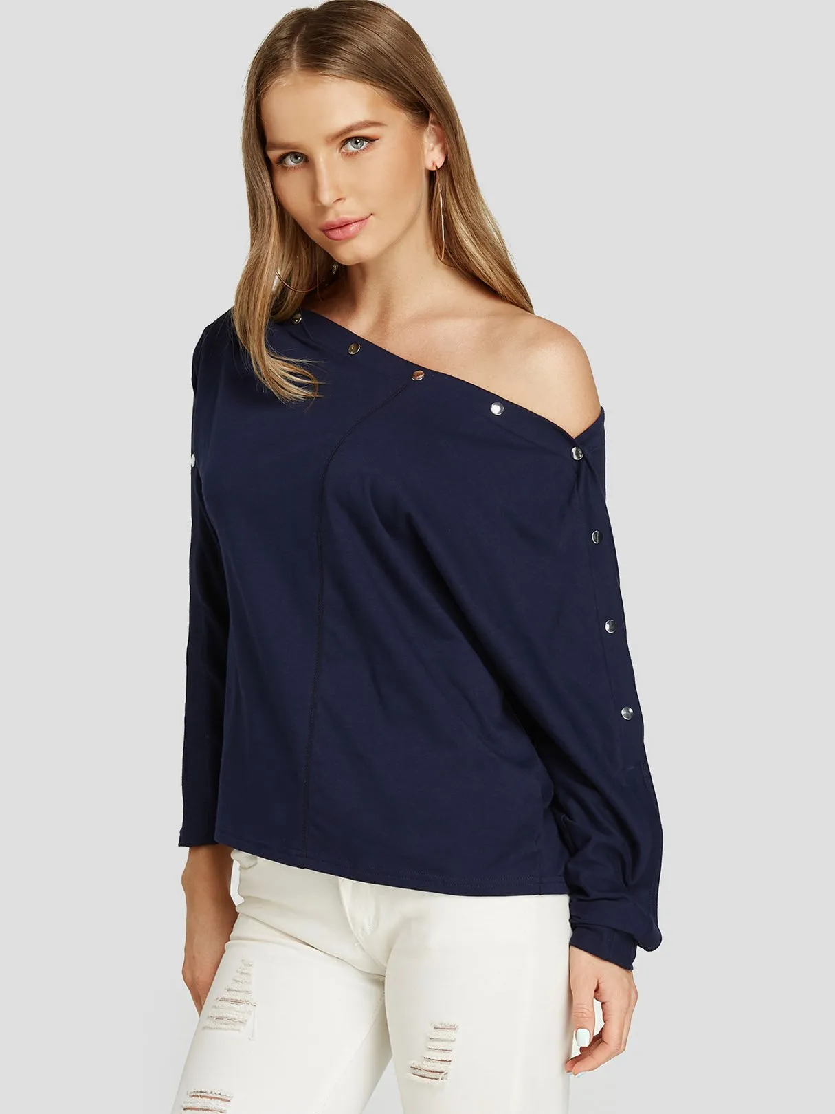 Wholesale One Shoulder Long Sleeve Navy Blouses