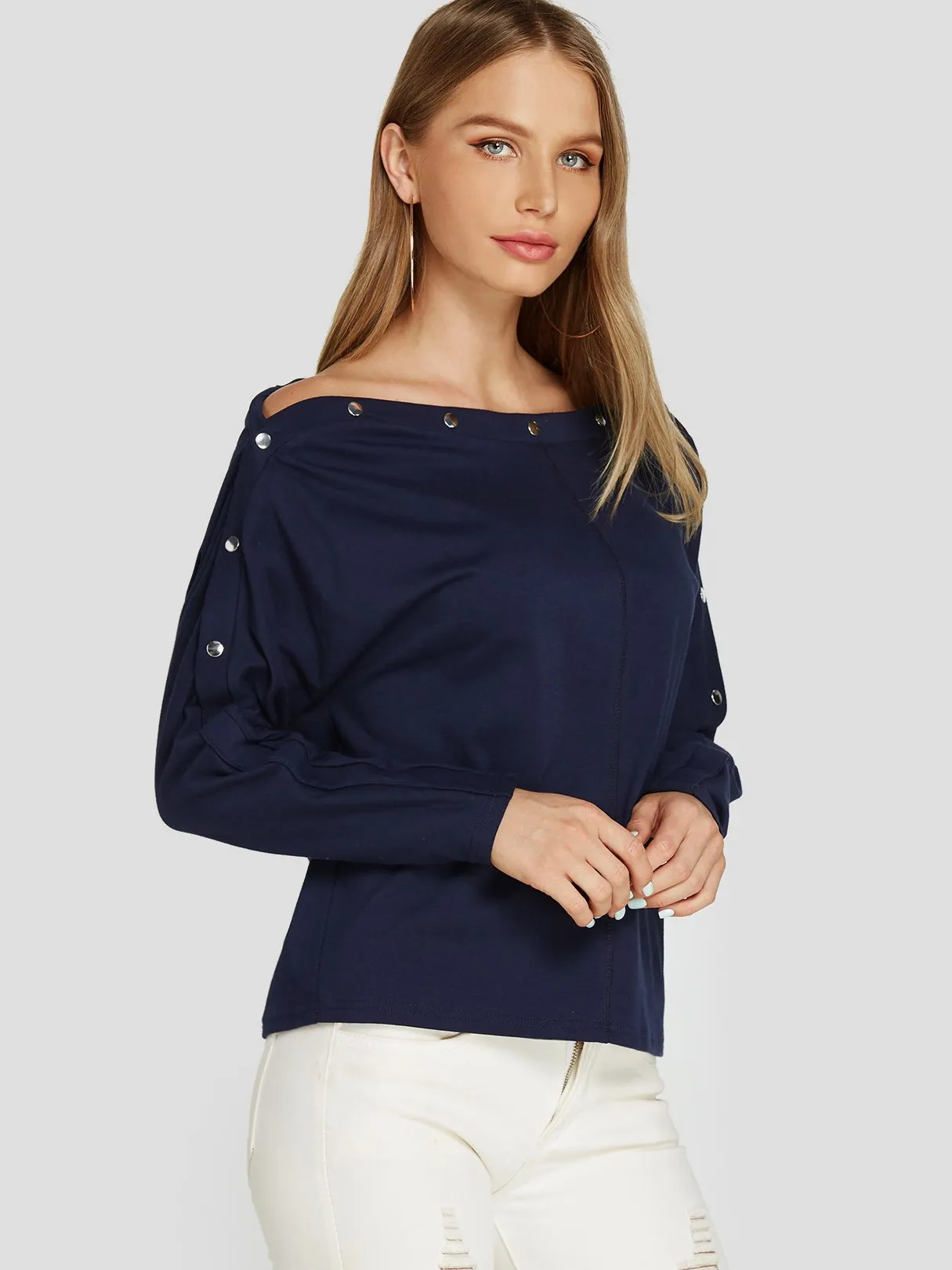 Wholesale One Shoulder Long Sleeve Navy Blouses