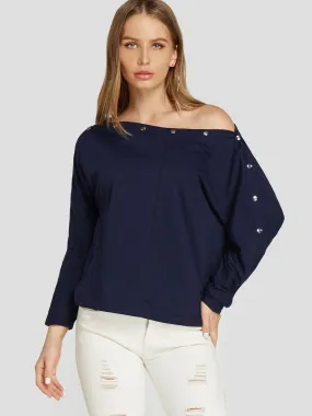 Wholesale One Shoulder Long Sleeve Navy Blouses