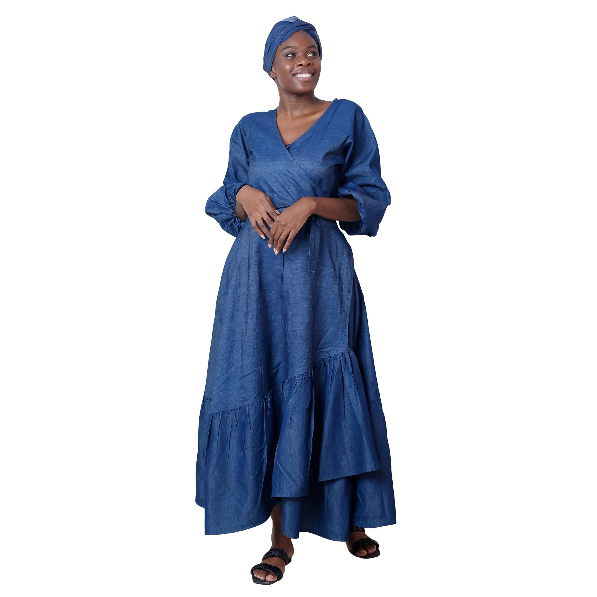 Women's Denim Long Sleeve Maxi Wrap Dress -- FI-6204D