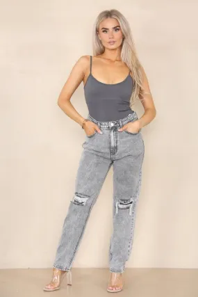 Women's High Waisted Knee Ripped Frayed Straight Leg Jeans, Mom Casual Roll-Up Denim Pants for Streetwear Home Office Work Party Bottom