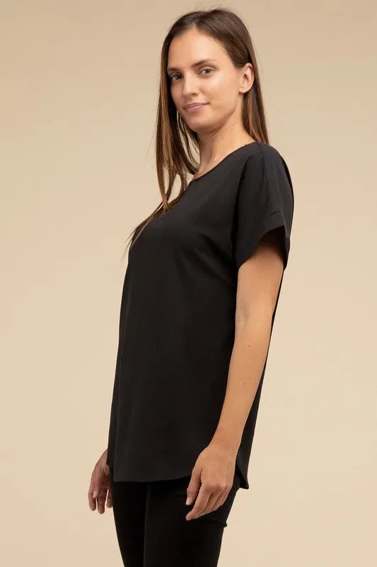 Woven Heavy Dobby Rolled Sleeve Boat Neck Top